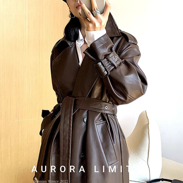 Spring Autumn Long Loose Brown Pu Leather Trench Coat for Women Belt Double Breasted American and European Fashion 2023