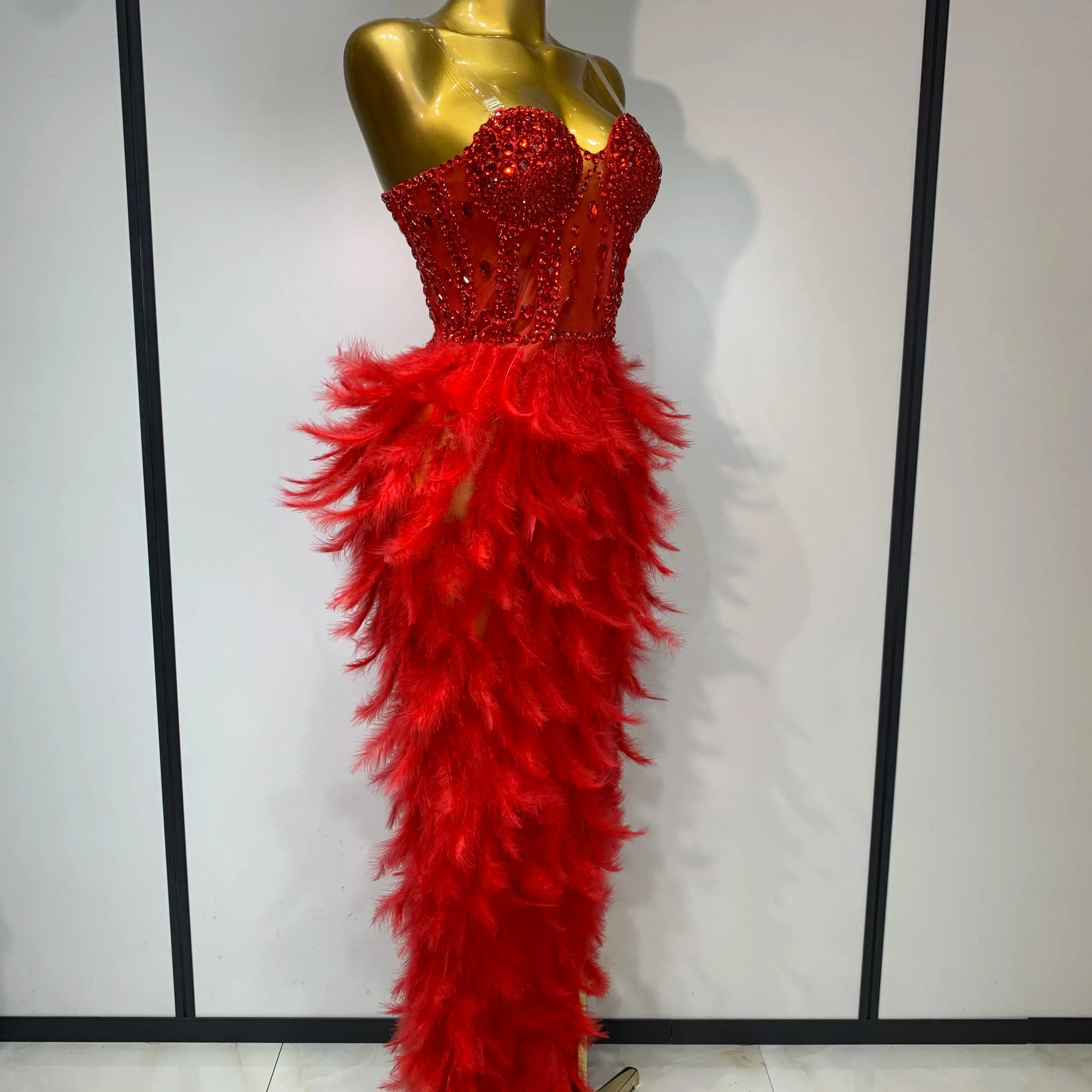 Sparkly Rhinestone Feather Mesh Long Dress Women Sexy Elegant Evening Party Luxury Birthday Photo Shoot Performance Costume