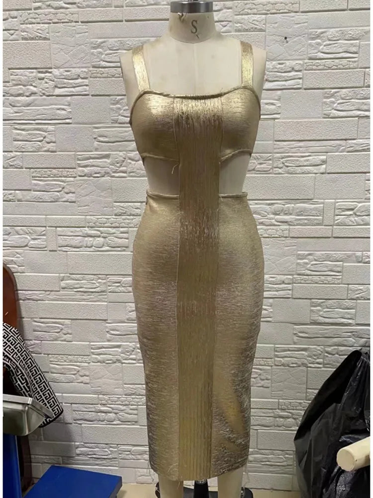 Gold Foil Color New Summer Women Sleeveless Sexy Bandage Bodycon Mid-claf Dress Elegant Evening Party Dress Birthday Party Wear