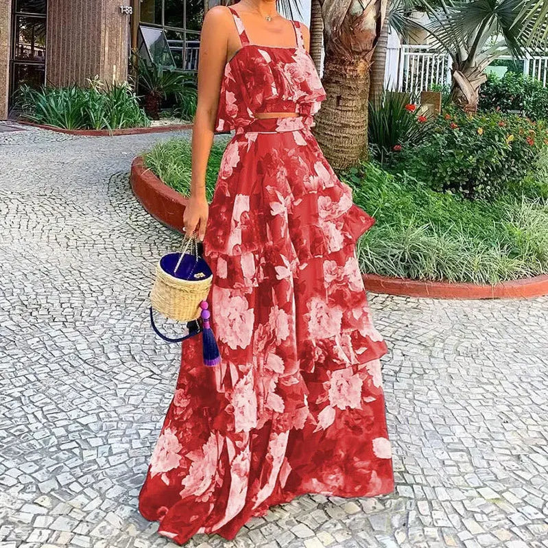 Summer Sexy Sleeveless Suspender Tops And Skirt Suit Fashionable Elegant Ruffled Dress Top Outfits Casual Party Two-piece Sets