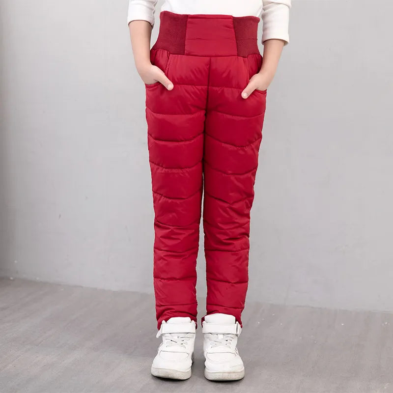 Casual Girl Boy Winter Pants Cotton Padded Thick Warm Trousers Waterproof Ski Pants 10 Years Elastic High Waisted Baby Kid Pant wine red