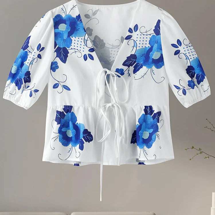 Fashion Print Bow Lace Up Women Blouses Loose V-neck Short Puff Sleeve Female Shirts Spring Summer Casual Lady Flower Tops