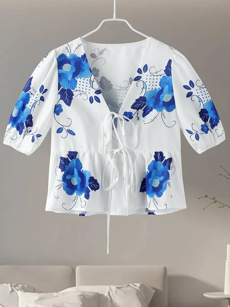 Fashion Print Bow Lace Up Women Blouses Loose V-neck Short Puff Sleeve Female Shirts Spring Summer Casual Lady Flower Tops
