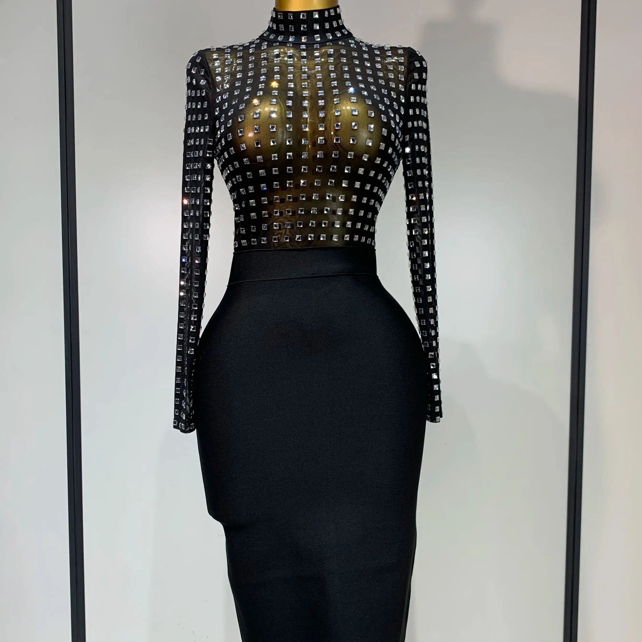 Celebrity Sexy Turtleneck Rhinestones Black Mesh Bodycon Bandage Dress Women  Elegant Evening Club Luxury Birthday Dress