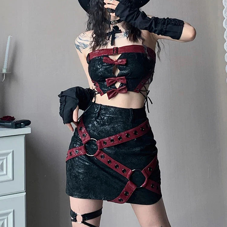 Spring Summer Cool Red and Black Patchwork Pu Leather Mini Skirt Women High Waist Short Luxury Designer Y2K Clothes 2023