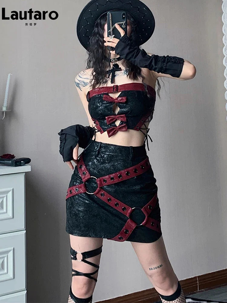 Spring Summer Cool Red and Black Patchwork Pu Leather Mini Skirt Women High Waist Short Luxury Designer Y2K Clothes 2023