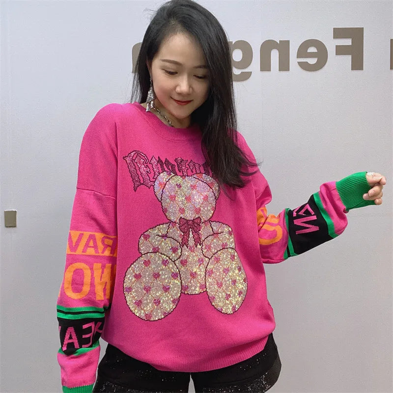 Fashion Cartoon Bear Rhinestone Long Sleeve Sweater Female New Round Neck Black Cotton Long knitted Sweater Pullover For Women