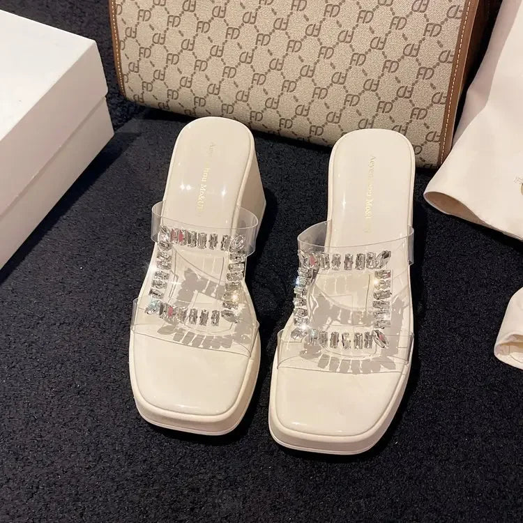 Women Platform Wedges Sandals High Heels Shoes Summer Flip Flops Beach Sandals Femme Designer New Dress Crystal Slides Beige