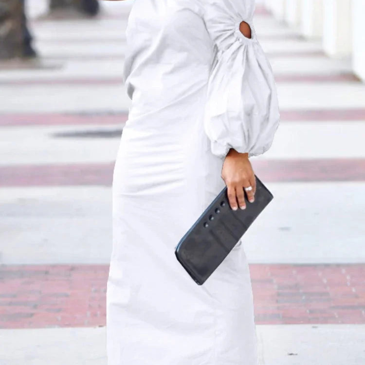 CM.YAYA Women Cutout One Long Sleeve Ruched Side Split Maxi Bodycon Midi Dress 2023 Winter Vintage Sexy Party Dresses Vestidos