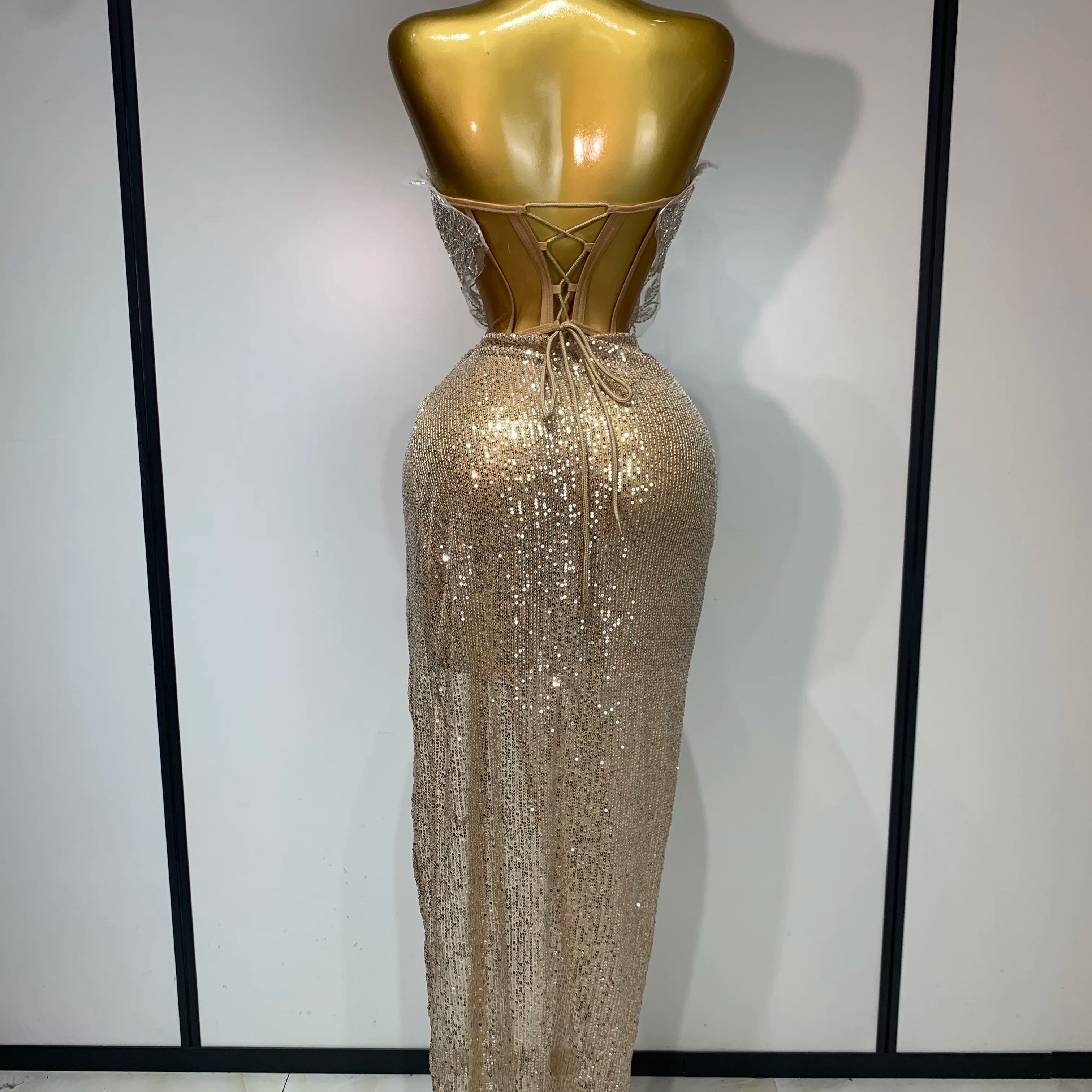 Shinning Beading Sequins Women Sexy Strapless Bodycon Two Pieces Set Celebrate Nightclub Party Luxury Birthday Stage Outfit