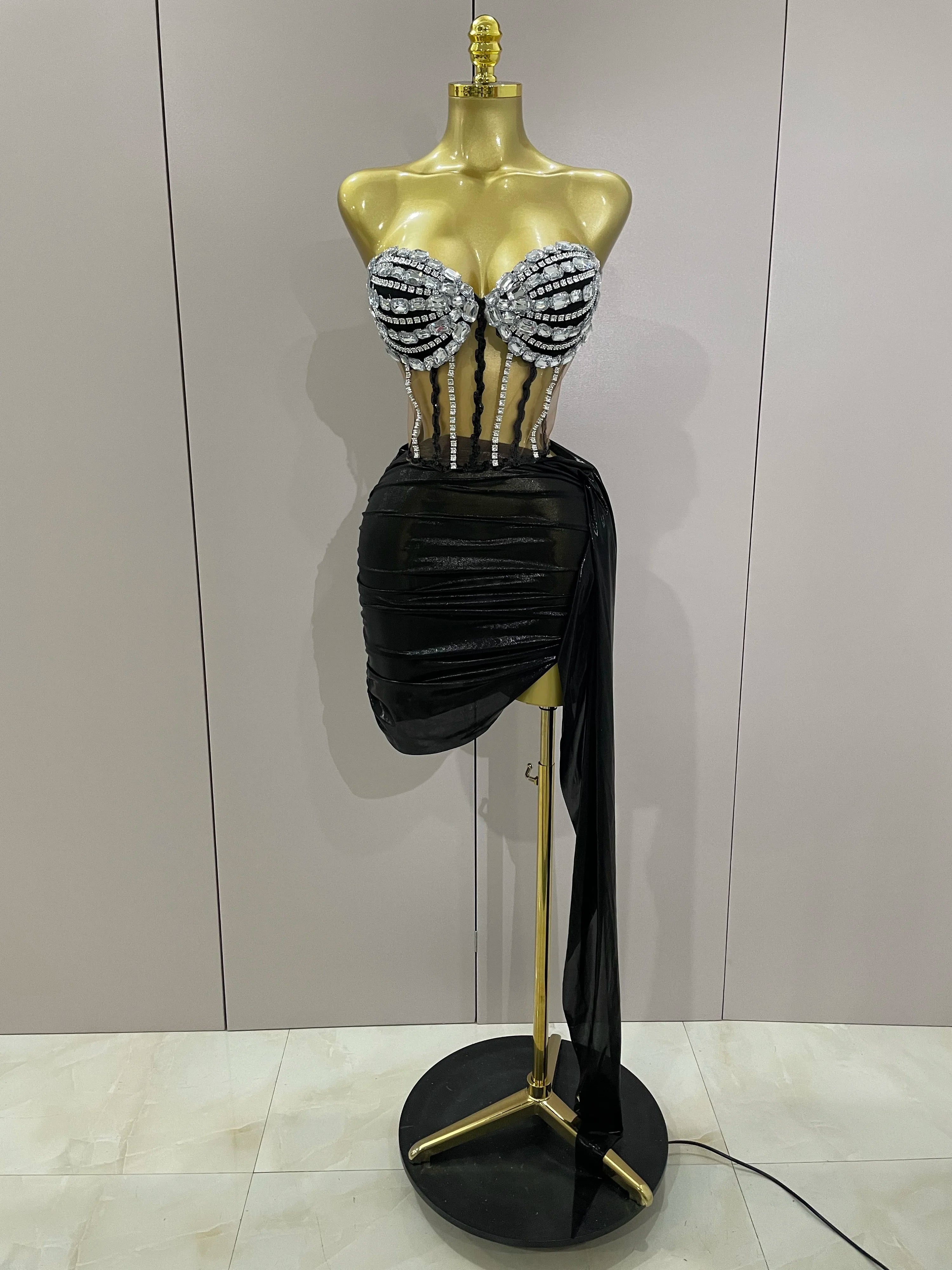 Sexy Shining Rhinestone Sequin 2 Pieces Top Skirt Set 2025 Women Celebrity Evening Party Stage Nightclub Performance Costume