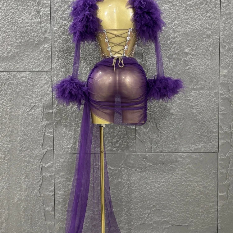 White Purple Women Sexy Mesh Ruffles 2 Pieces Bodycon Mini Dress See Through Celebrate Nightclub Party Bar Singer Stage Wear