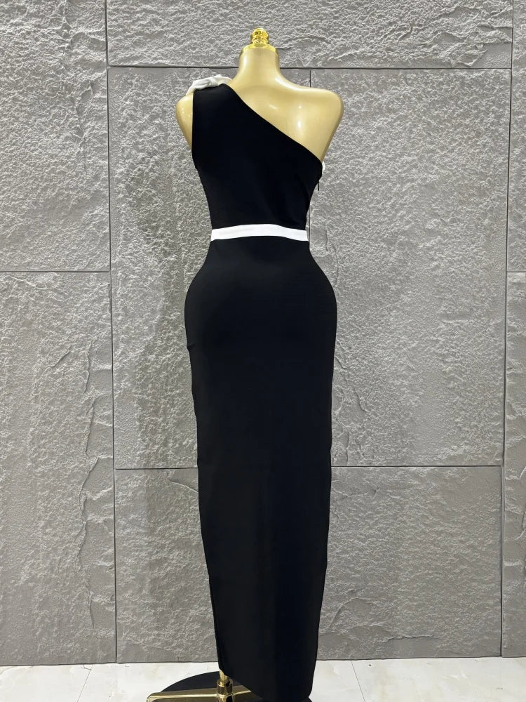 High Quality Women Sexy One Shoulder White Florals Bodycon Long Bandage Dress Celebrate Nightclub Party Fashion Outfit