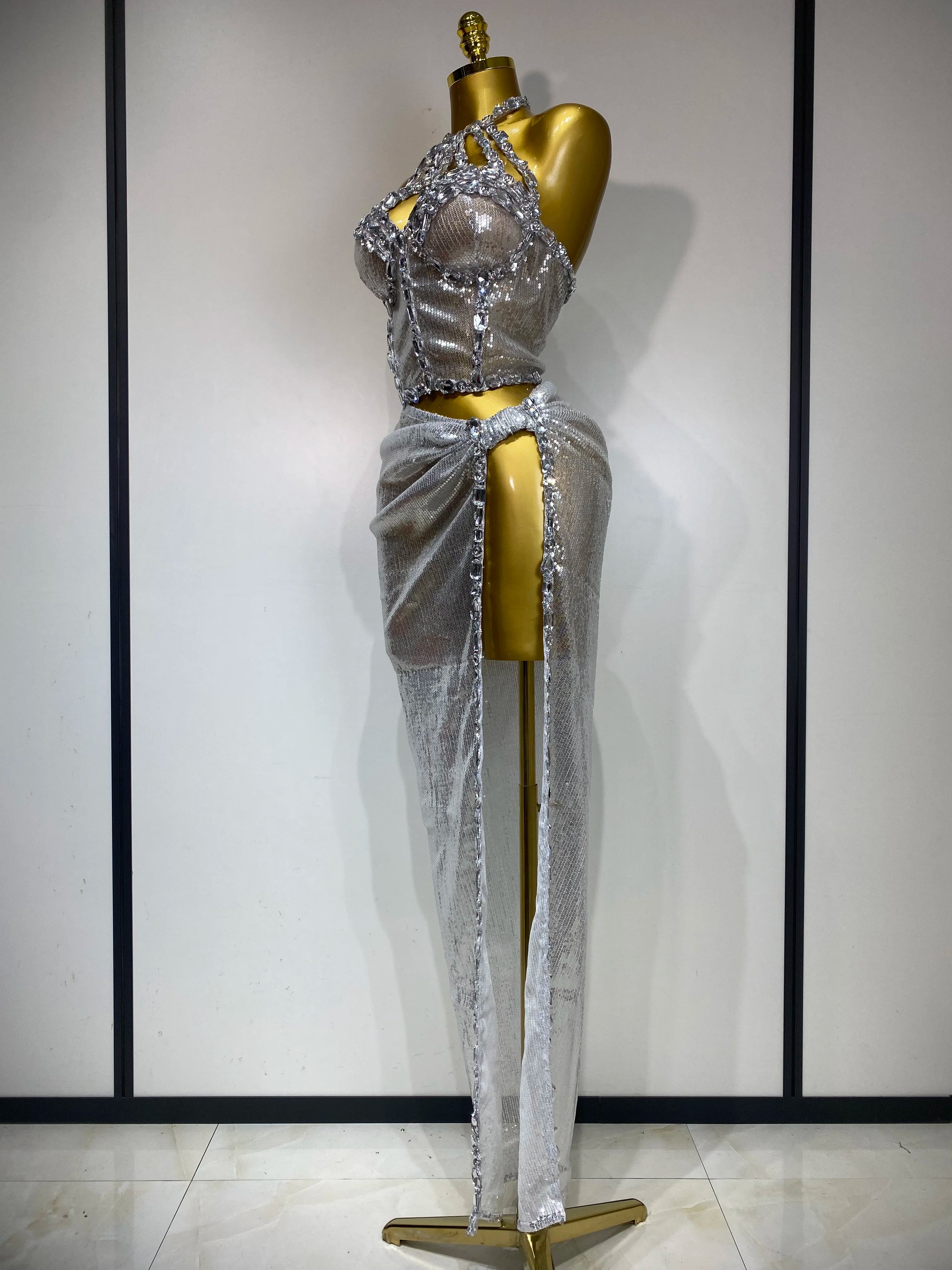 Women Sparkly 2025 Silver Rhinestones Top Long Skirt Two Pieces Set Singer Dancer Performance Costume Nightclub Stage Wear