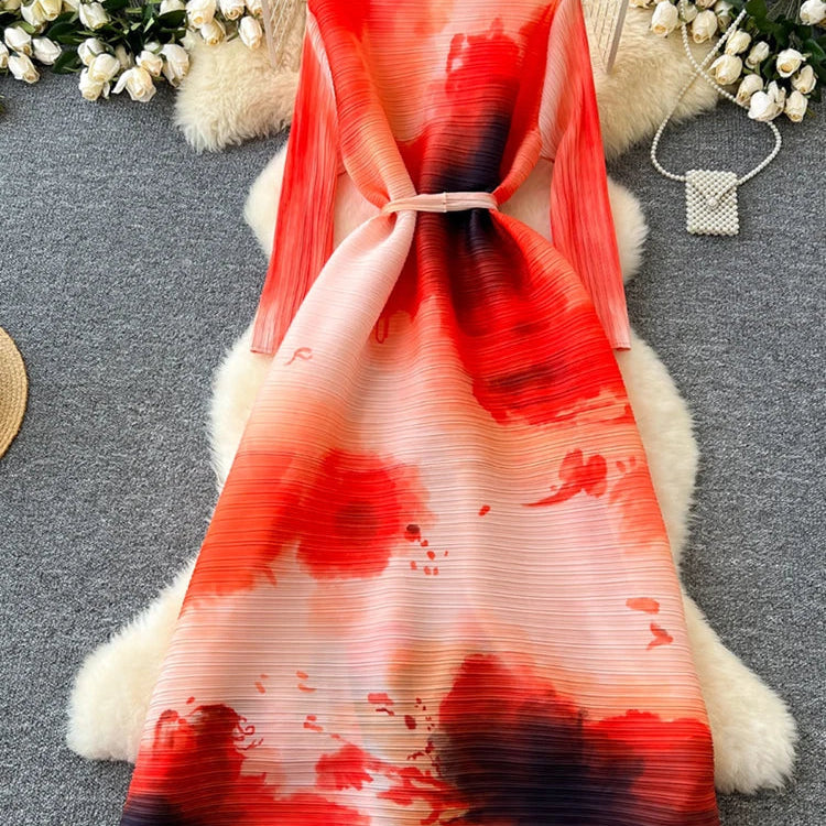 XFPV Elegant Style Long Sleeve Lapel Waist Cinching Strap Pleated Print Dress Vestidos For Women Y2k Korean Fashion Autumn 2024