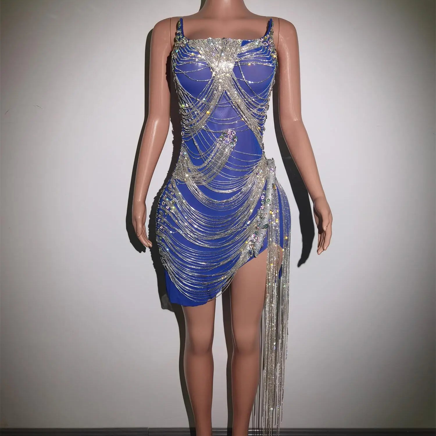 Luxurious Silver Crystals Chains Summer Dresses Women Fashion Rhinestones Fringes Performance See Through Outfit Costume Luoli Blue