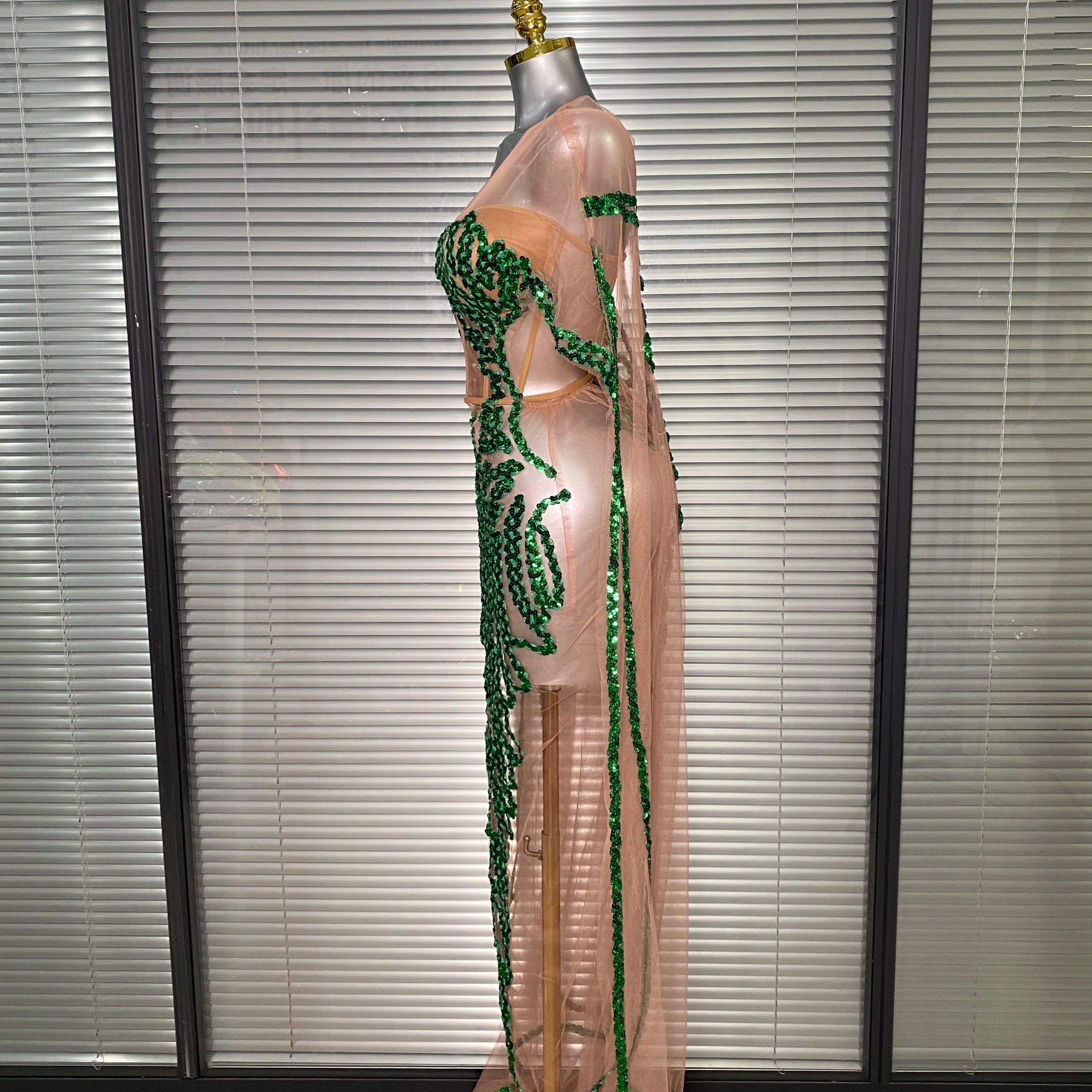 New Women Sexy Mesh Sheer Sequins Green Maxi Dress See Through Party Costume Stage Performance Dress