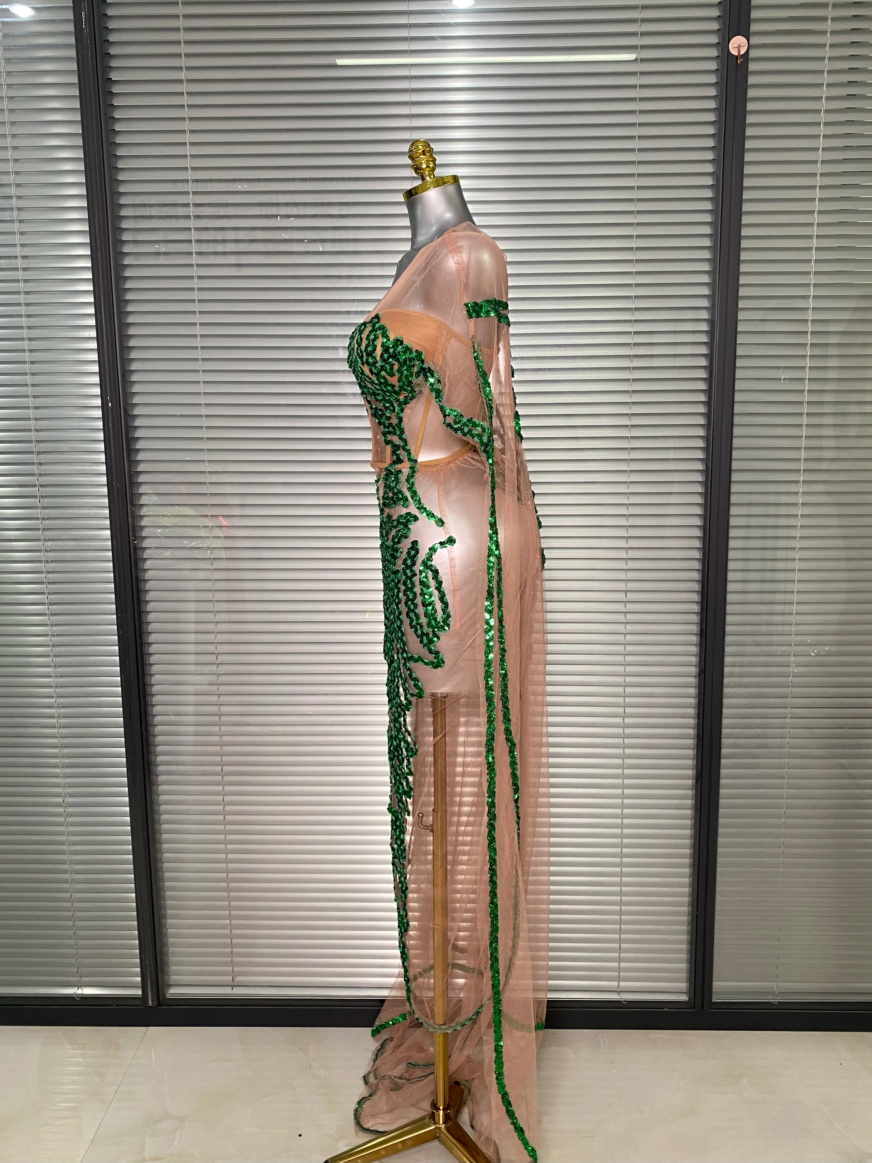 New Women Sexy Mesh Sheer Sequins Green Maxi Dress See Through Party Costume Stage Performance Dress