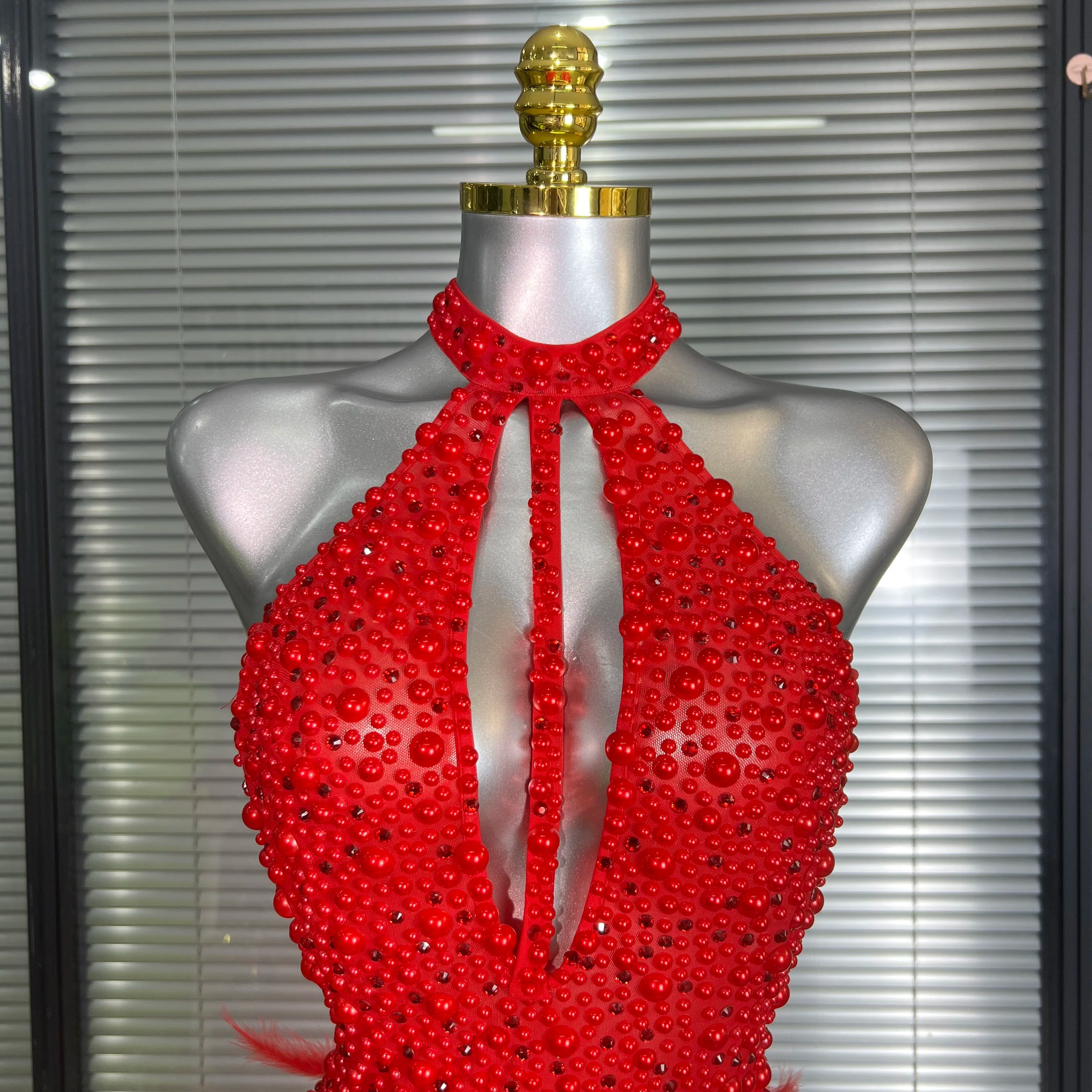 Women Sexy Backless Mesh Crystal Diamonds Feathers Performance Costume Stage Dancer Mini Stretchy Night Club Party Dress