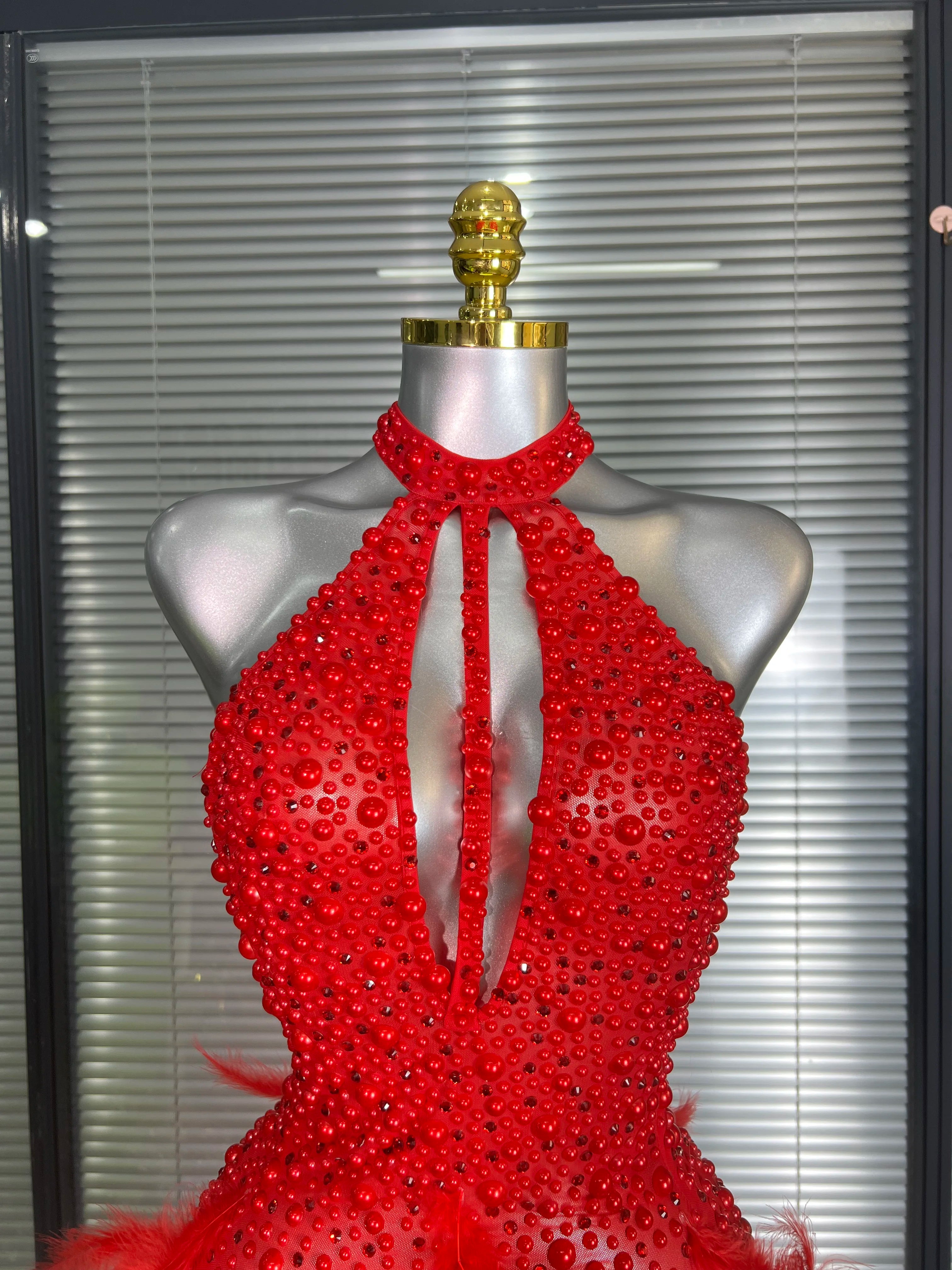 Women Sexy Backless Mesh Crystal Diamonds Feathers Performance Costume Stage Dancer Mini Stretchy Night Club Party Dress