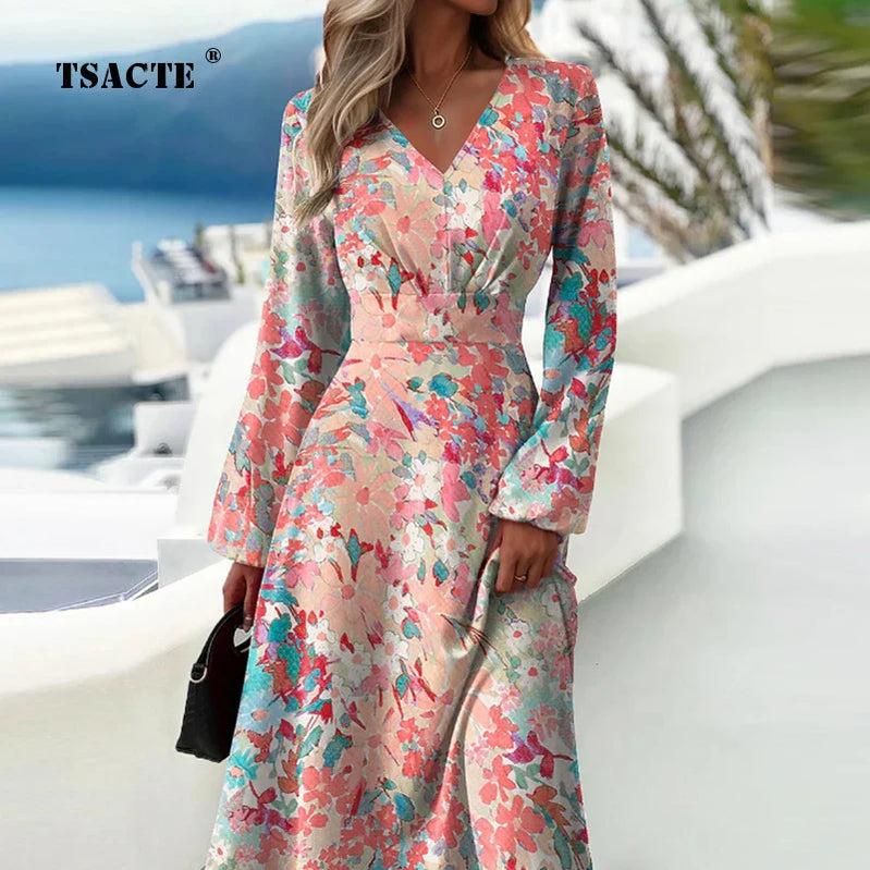 Retro Ladies Printed Slim Fit Dresses V-neck Flared Sleeves Waist Patchwork A-line Skirt New Trendy Women's Wear For Spring 2024