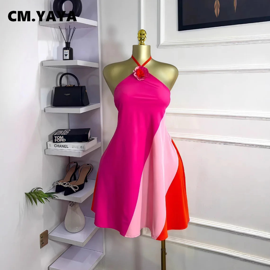 CM.YAYA Women Colorblock Halter Neck Backless Floral Applique A-line Mini Dress 2025 Summer Vacation Birthday Sexy Party Dresses