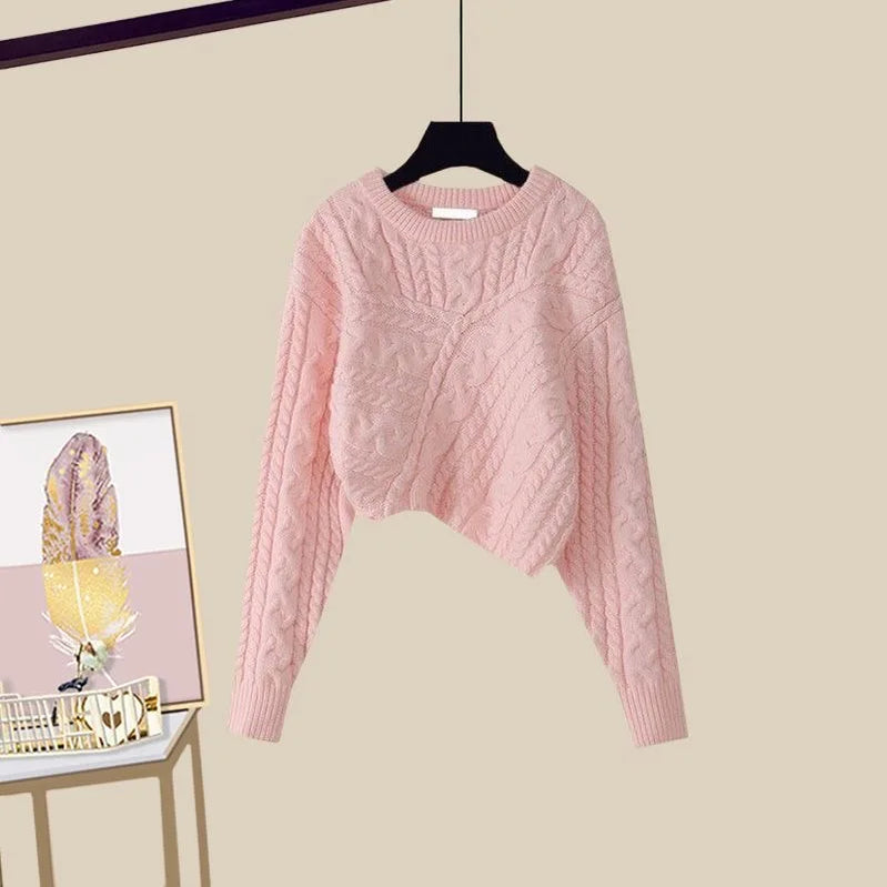 Korea Asymmetric Thickened Knitted Sweater Pullover Fashion Print Strap Dress Two Piece Elegant Women's Party Dress pink sweater