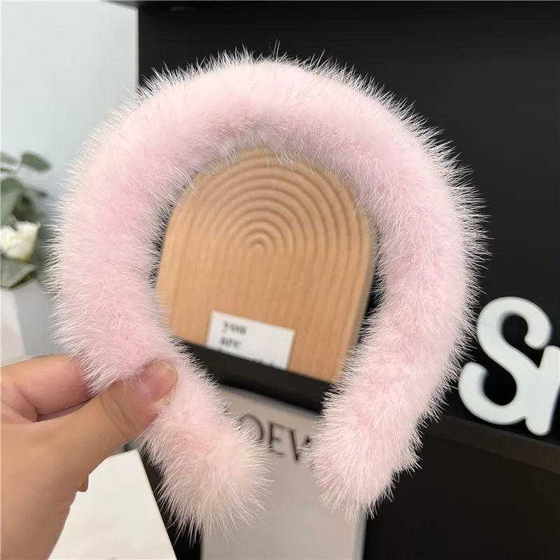 Hot Sale Women Luxury winter 100% Real Mink Fur Headbands High Quality Real Fur Hair Band Lady Fashion Hair Hoop Furry Gift Pink