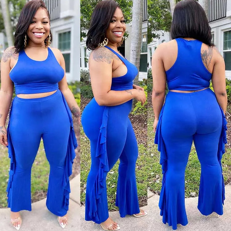 Style Plus Size Women Clothing Summer Two-piece Set Solid Color Tank Top Ruffle Pant Set Lady Trendy Suit Wholesale Dropshipping
