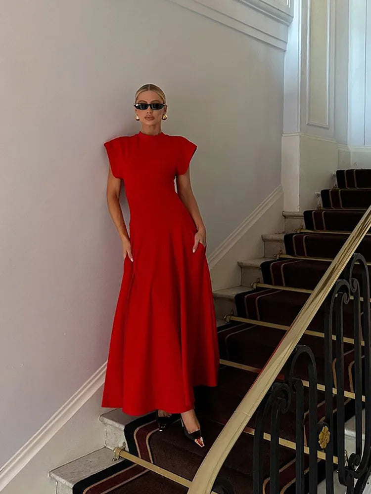 Chic Shoulder Pad Round Neck Solid Maxi Dress Women Elegant Sleeveless A-line Long Dresses 2024 Lady Fashion High Street Robes