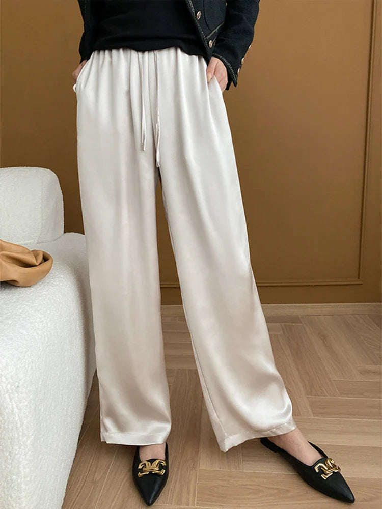 [LANMREM] Stain Drawstring Pants For Women Elastic High Waist Wide Leg Trousers Fashion Clothing Spring New 26D8234 Apricot
