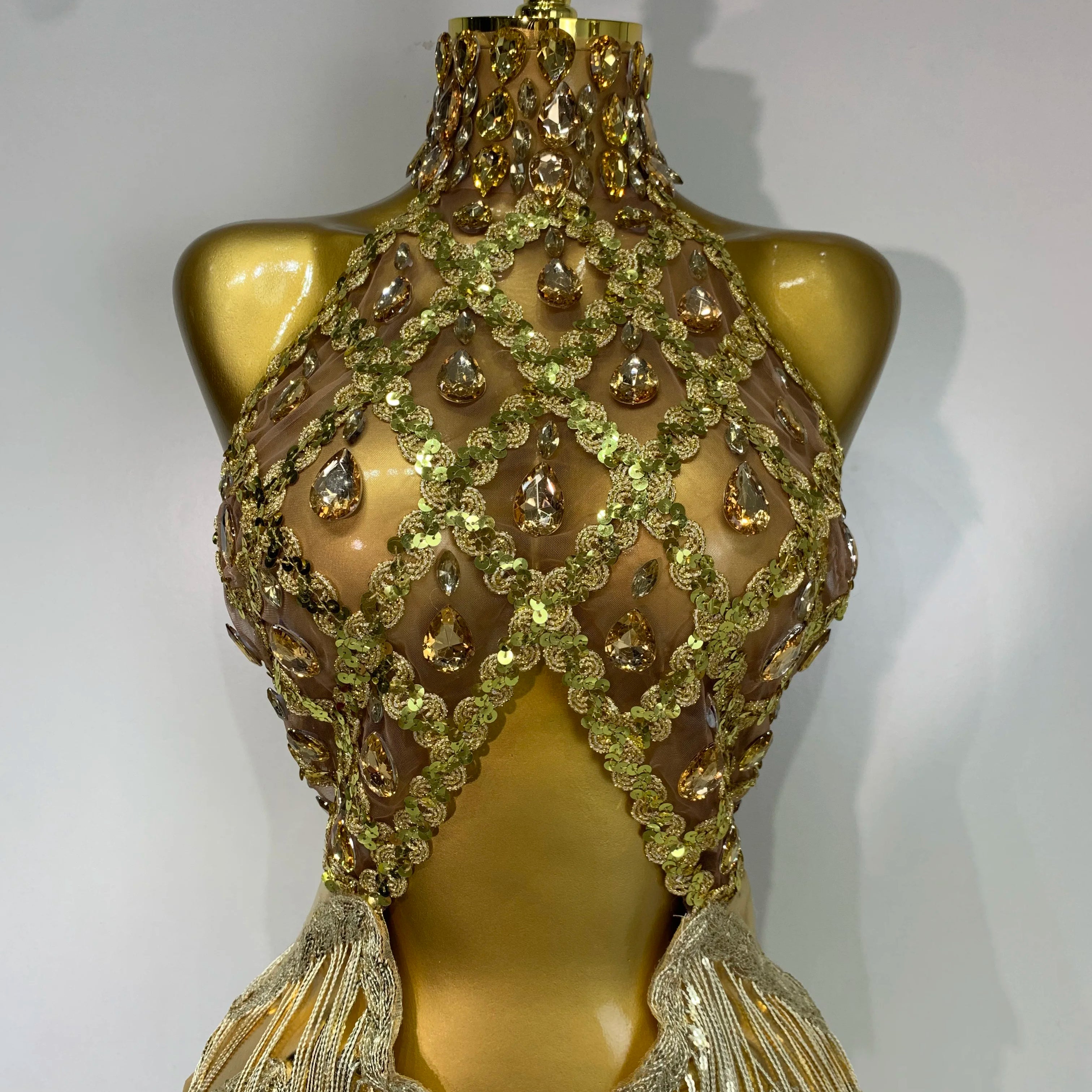 Women Birthday Party Rhinestones Tassels Transparent Short Dress Dance Show 2025 Sexy Fashion Gold Sparkly Stage Costume