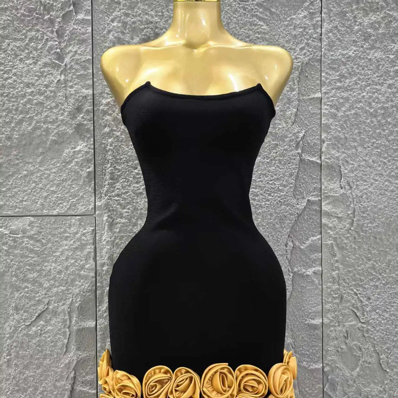 Black Color Golden Florlas Women Sexy Strapless Bodycon Mini Bandage Dress Celebrate Nightclub Party Birthday Vacation Wear
