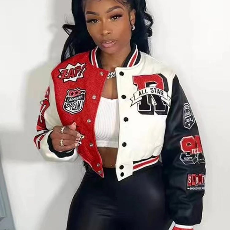 Overcoat Casual Letter Print Patchwork Jacket Round Neck Regular Fit Blazer Women Y2k Style Fall Coat Autumn Winter Short Jacket Red