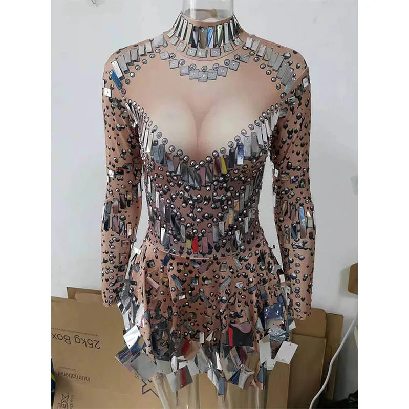 Raquel Mirror Party Dress Black Stretch Stage Dance Dress Nightclub Party Celebrate Dress Women Dancer Performance Clothes image color