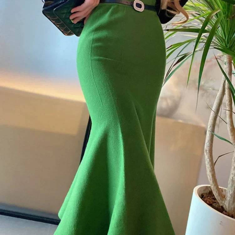 Women's Skirts  Autumn Winter Fashion Knitted Long Skirts for Women Green Vintage Slim Korean Style A-LINE Fishtail Skirt