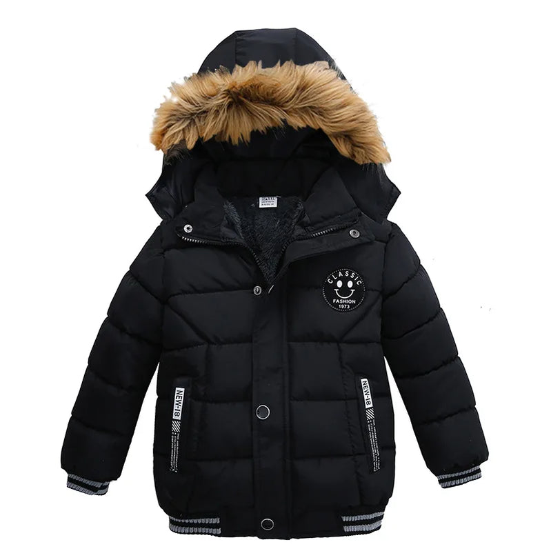 Winter Boys Jacket Warm Fur Collar Parkas Fashion Baby Girls Thicen Coats Hooded Zipper Casual All-match Outerwear Kids Clothes black