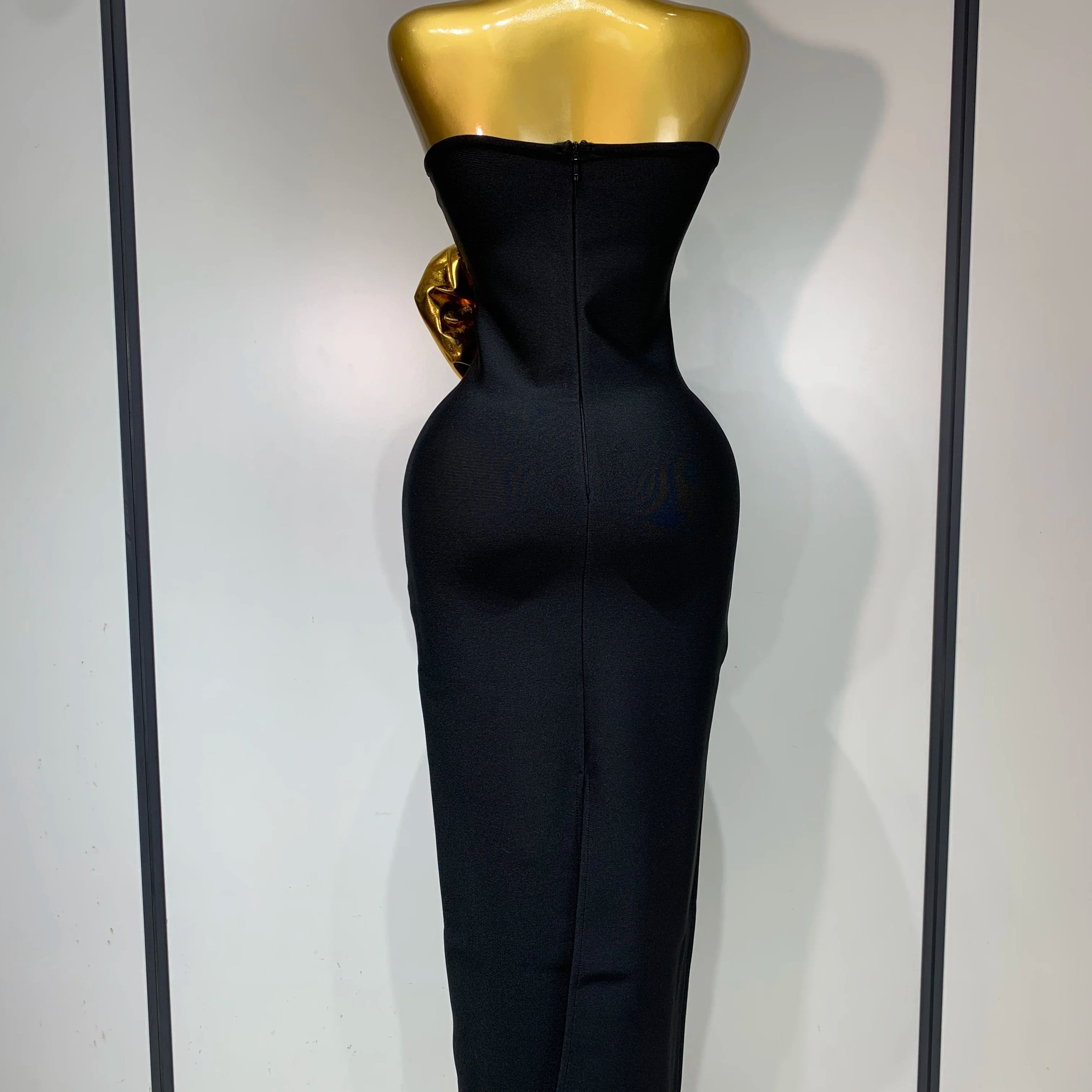 Women Luxury Bandage Bodycon Dress Designer Strapless Gold Appliques Ankle Length Elastic Celebrity Elegant Evening Party Gowns