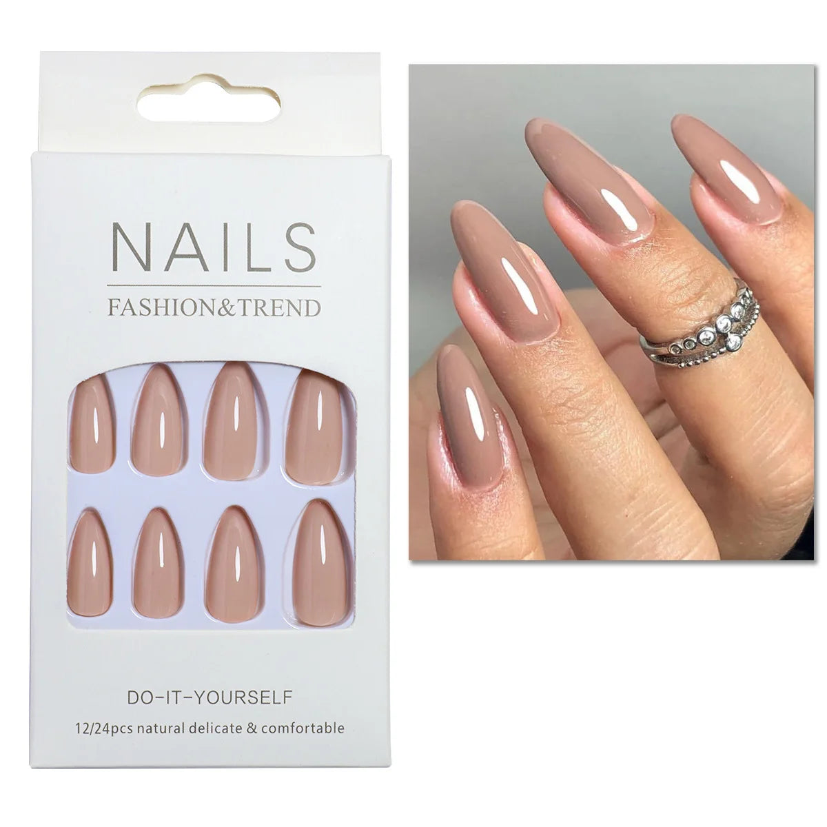 24pcs/set nude brown white fake nails for fall winter season french almond tips faux ongles press on false nail supplies