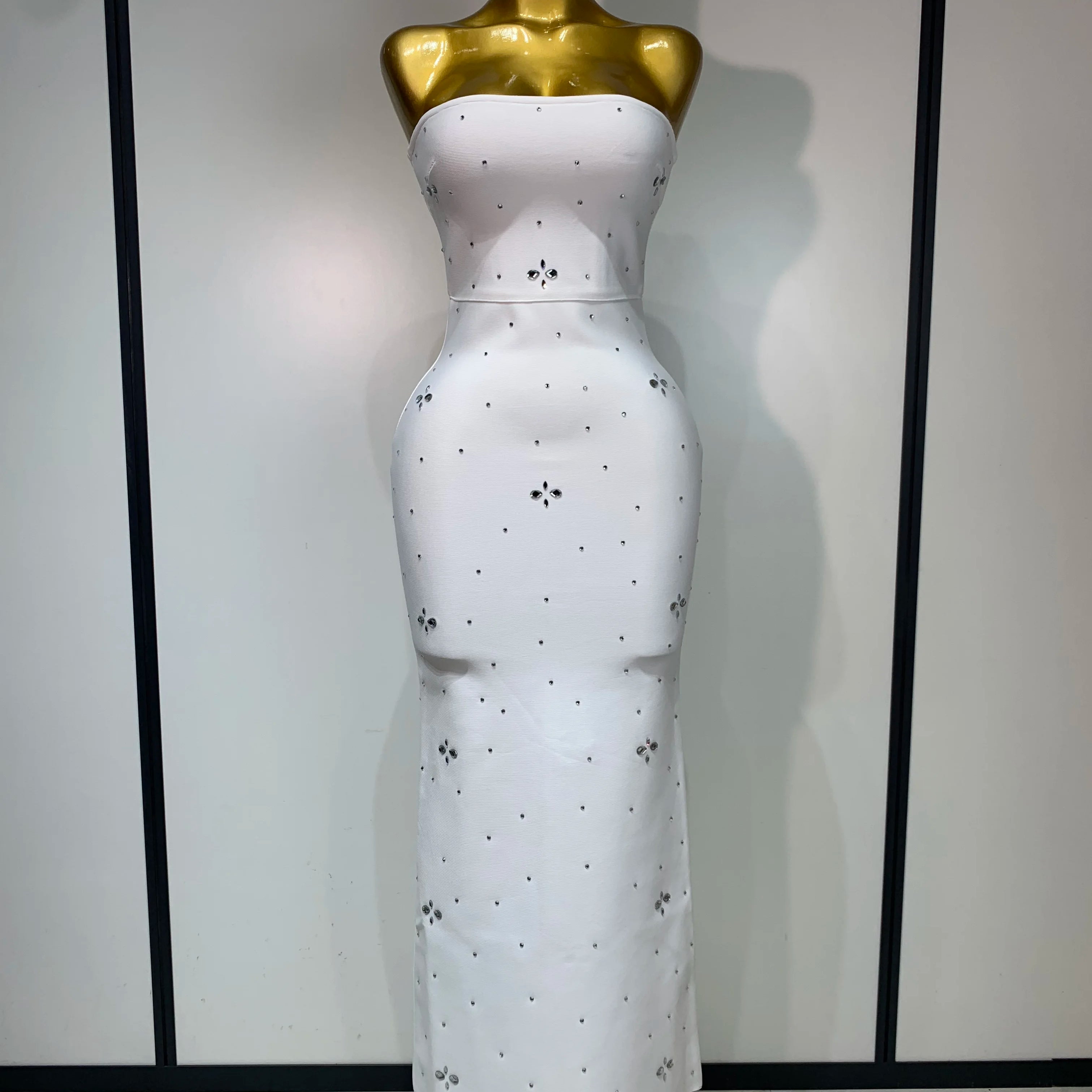 Luxury Rhinestone Sexy Strapless Backless Long Bodycon Bandage Dress 2025  White Elegant Evening Party Birthday Club Dress