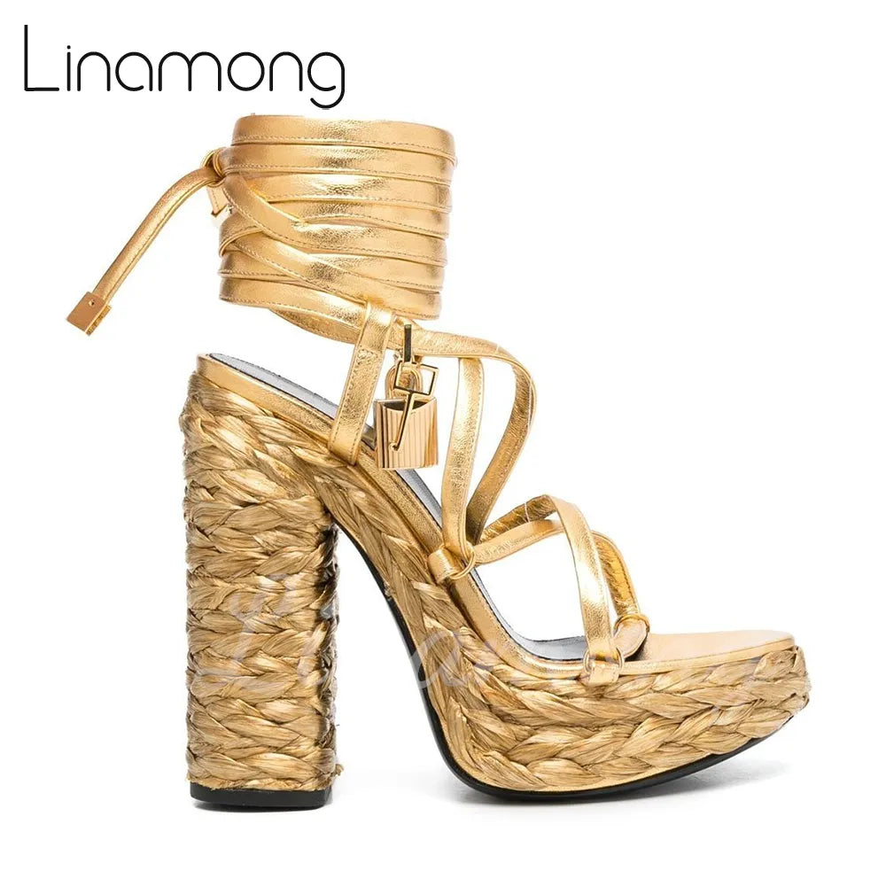Metallic-Effect Leather Platform Sandals Metal Lock Ankle Strap Espadrilles for Women Luxury Design Round Toe Strap Summer Shoes Gold
