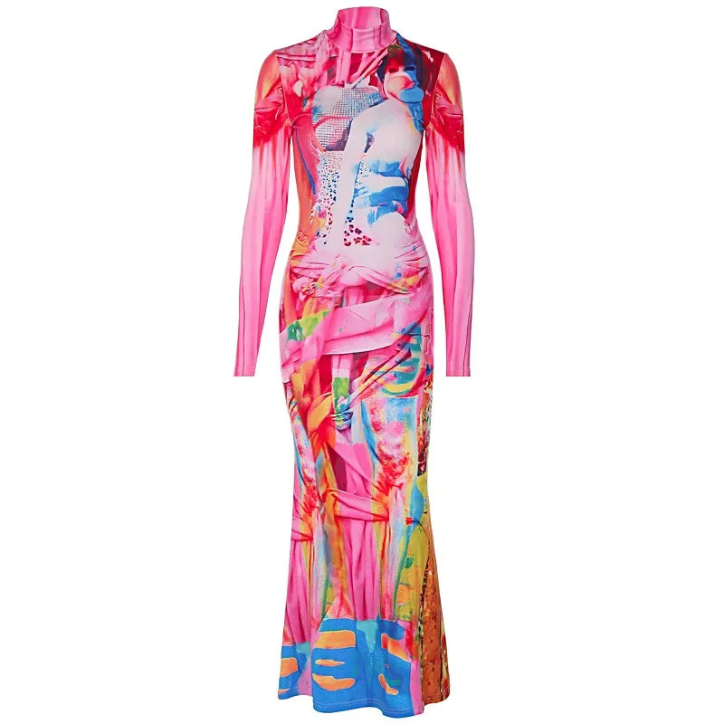 Sunny Multi Color Patchwork Print Long Sleeve Standing Neck Bodycon Dresses Lady Luxury Elegant Carnival Party Club Sexy Dress Multicolor