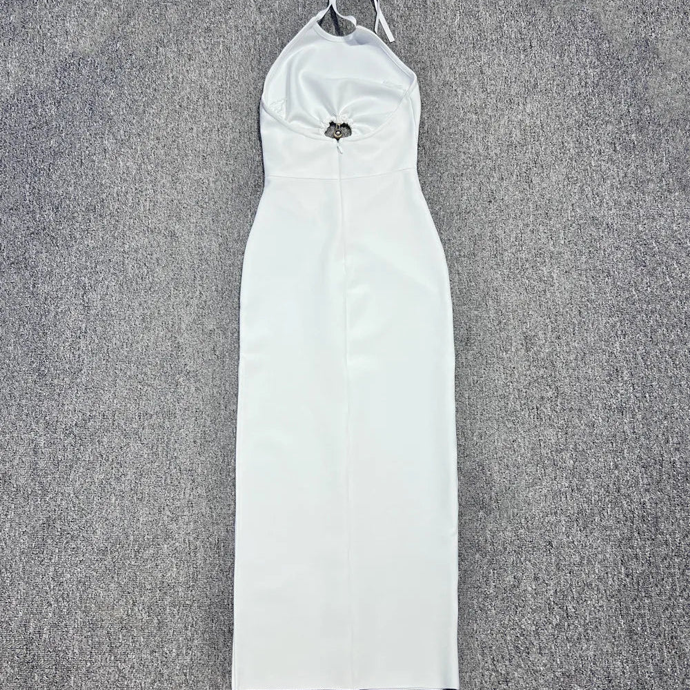 White Color Women Sexy Off the Shoulder Keyholes Bodycon Bandage Mid-calf Dress Backless Fashion Celebrate Nightclub Party Dress