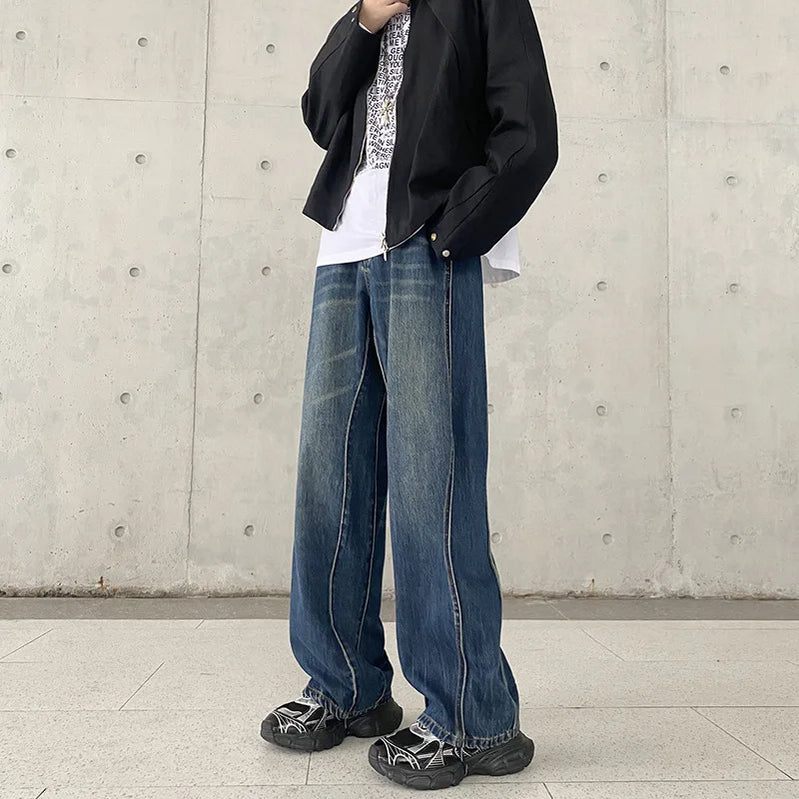 Autumn and Winter American Style Trendy Brand Irregular Curve Cut Jeans Men's Straight Loose All-match Long Pants Blue