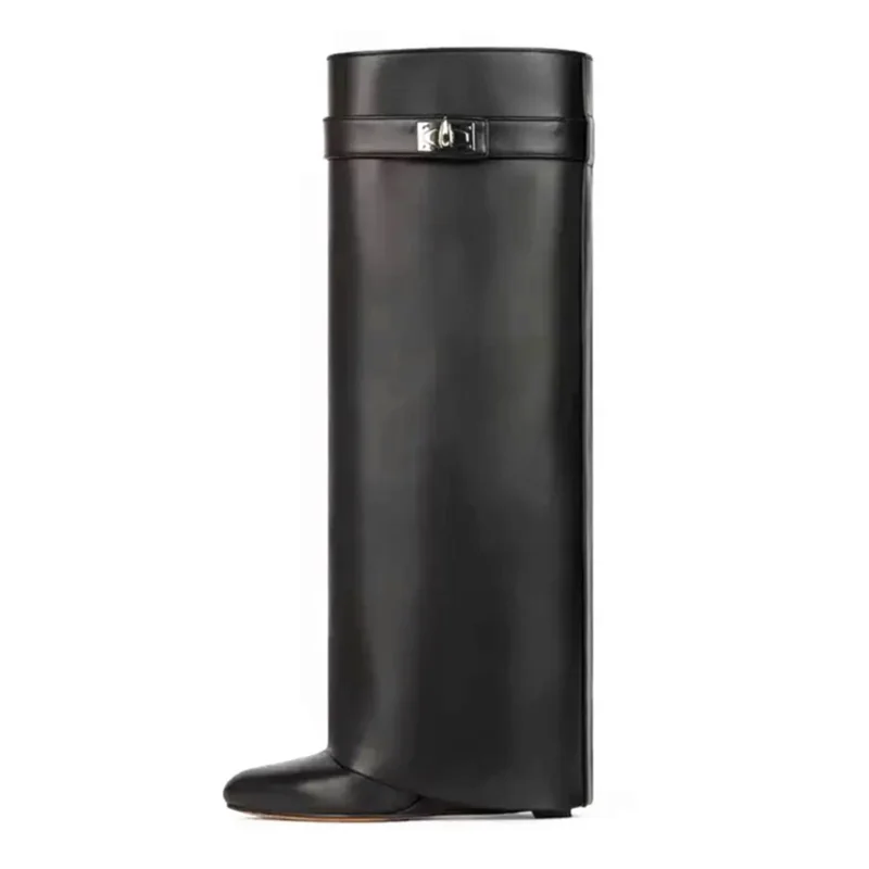 Shark Lock Women Boots Brand Design Genuine Leather Slip-on Knee High Boots For Woman Motorcycle Botas Mujer Fashion Wedge Shoes