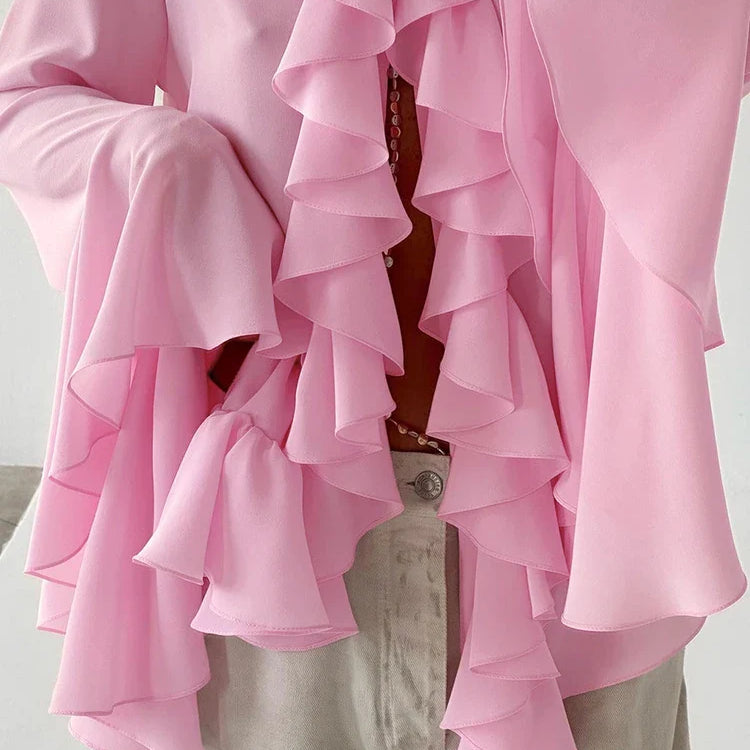 Mnealways18 Chiffon White Ruffled Shirts For Women Flare Sleeve Oversize Laminated Flounces Elegant Blouses And Tops Spring 2024