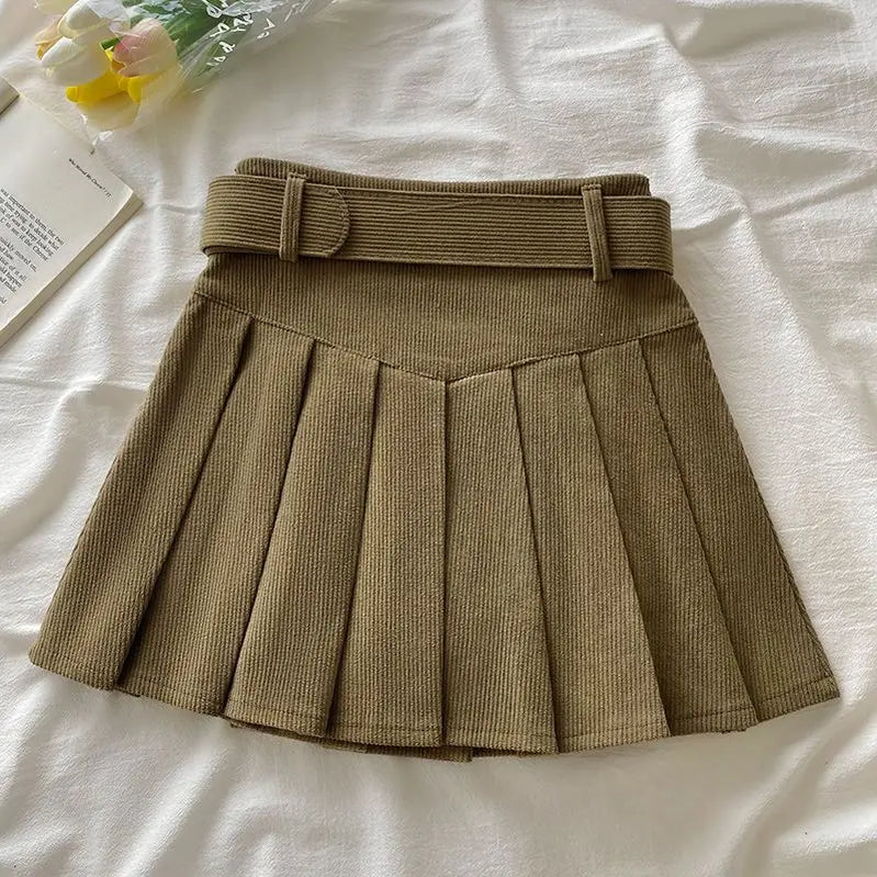 Pleated Mini Skirts Women Japan Students Corduroy Preppy Style Autumn Winter Basic Solid Bottoms Chic Vintage JK Slim All-match