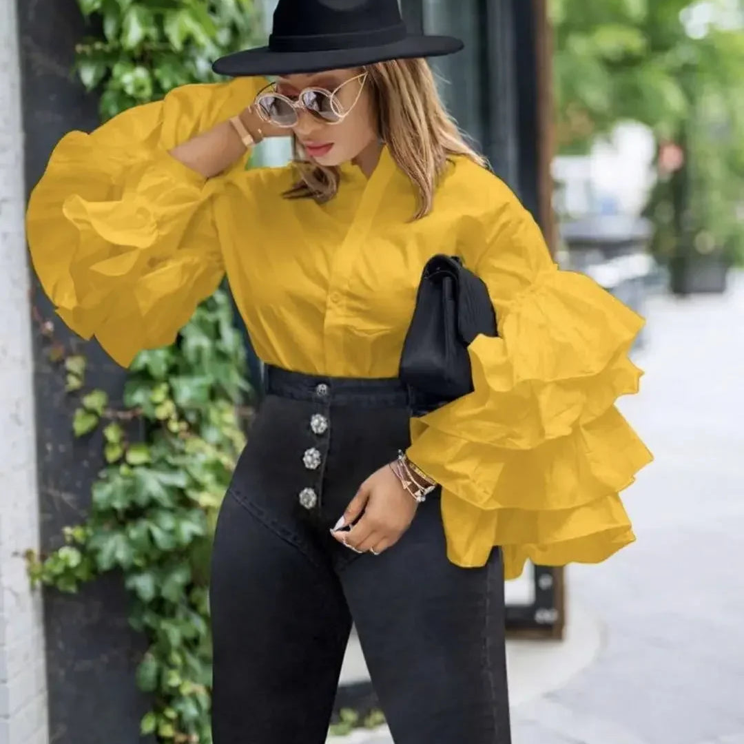 CM.YAYA Women Shirts Solid Full Ruffles Sleeve Turn-down Collar Single Breasted Loose Shirts Office Lady Streetwear Summer Tops