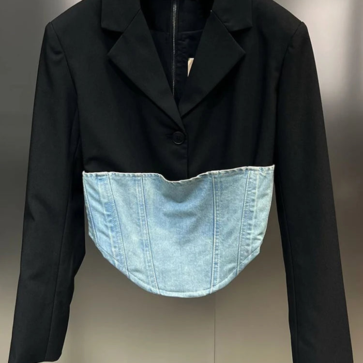 Color Patchwork Belt Casual Blazer For Women Notched Collar Long Sleeve Tunic Temperament Blazers Female Fashion Style Black