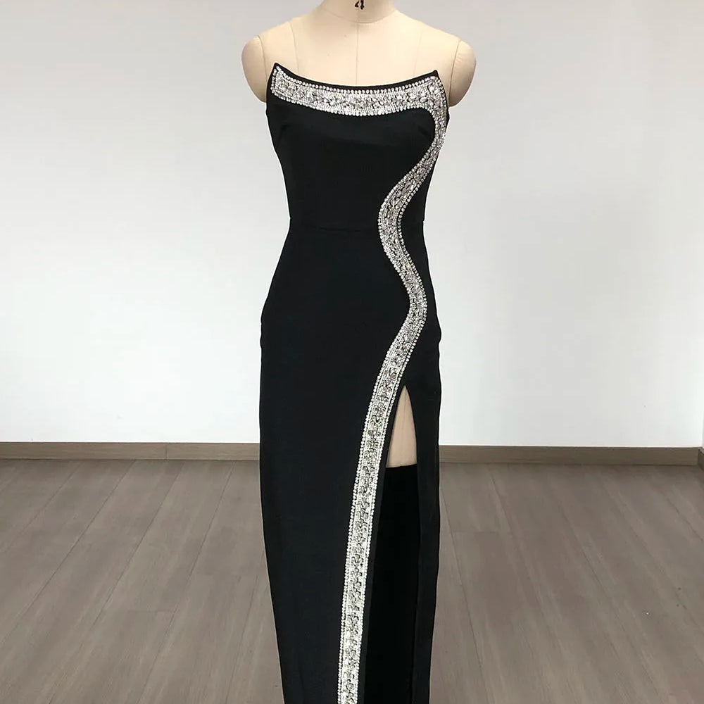 Red Black Women Sexy Strapless Shinning Diamond Line Bodycon Long Bandage Dress Elegant Birthday Party Cocktail Dress Outfit
